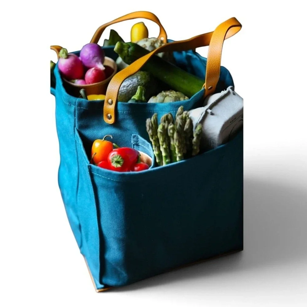 Capa Bunga Petrol Blue Multi-Pocket Canvas Market Tote Bag